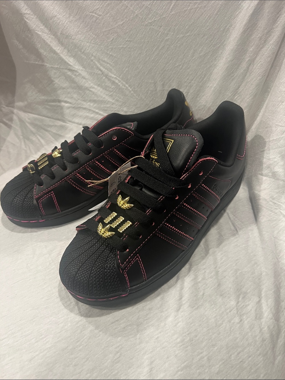 adidas Black Sneakers with Pink Stitching and Gold Lace Charms 8.5